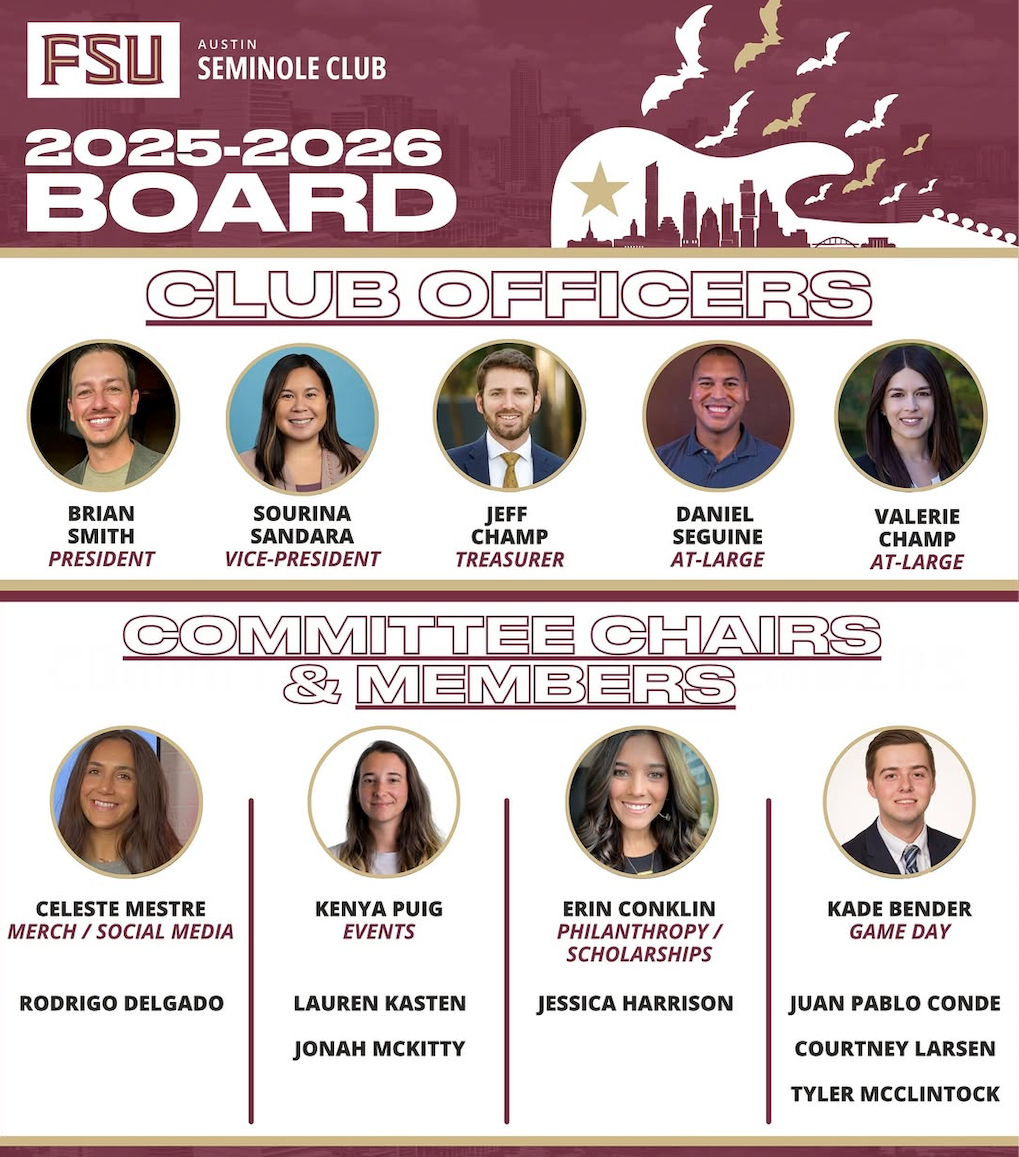 A graphic of the nine Club Officers and Committee Chairs & Members of the Austin Seminole Club Board