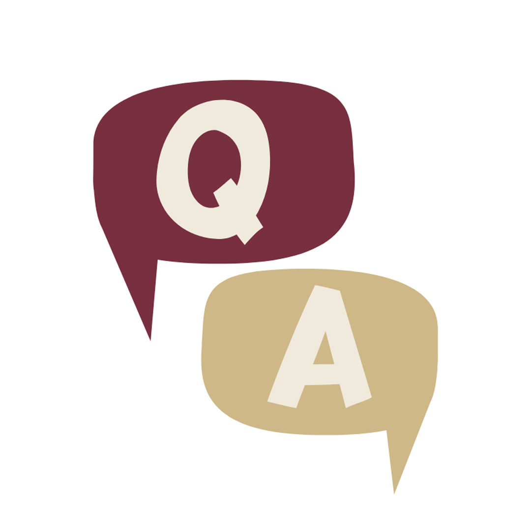 Two speech bubbles in garnet and gold with a white 'Q' and 'A'