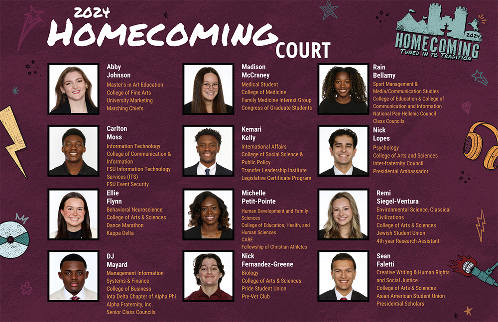 A flyer containing names, photos, and affiliations of the twelve members of the 2024 Homecoming court