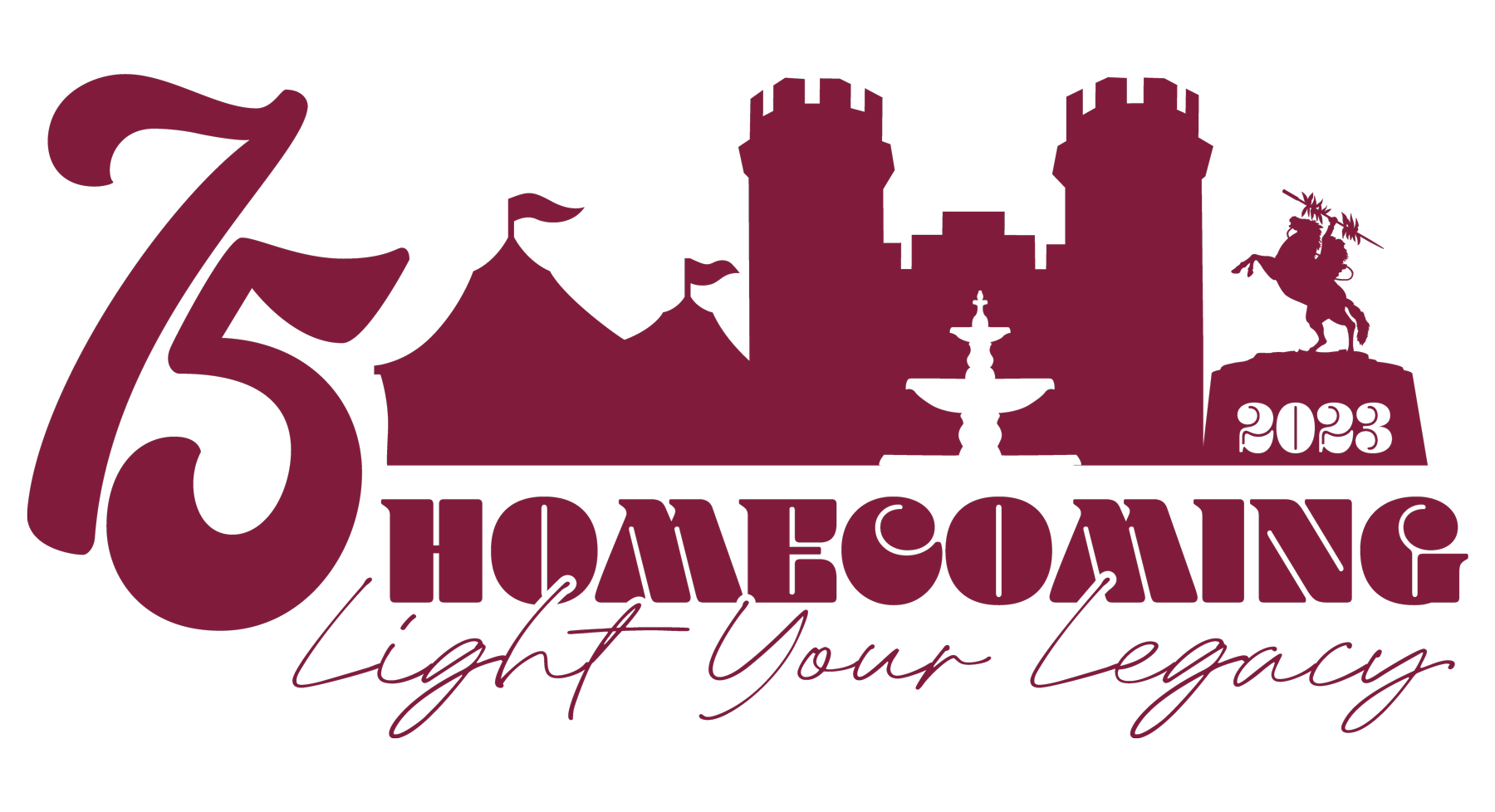 A garnet logo featuring the text '75 Homecoming 2023, Light your legacy'