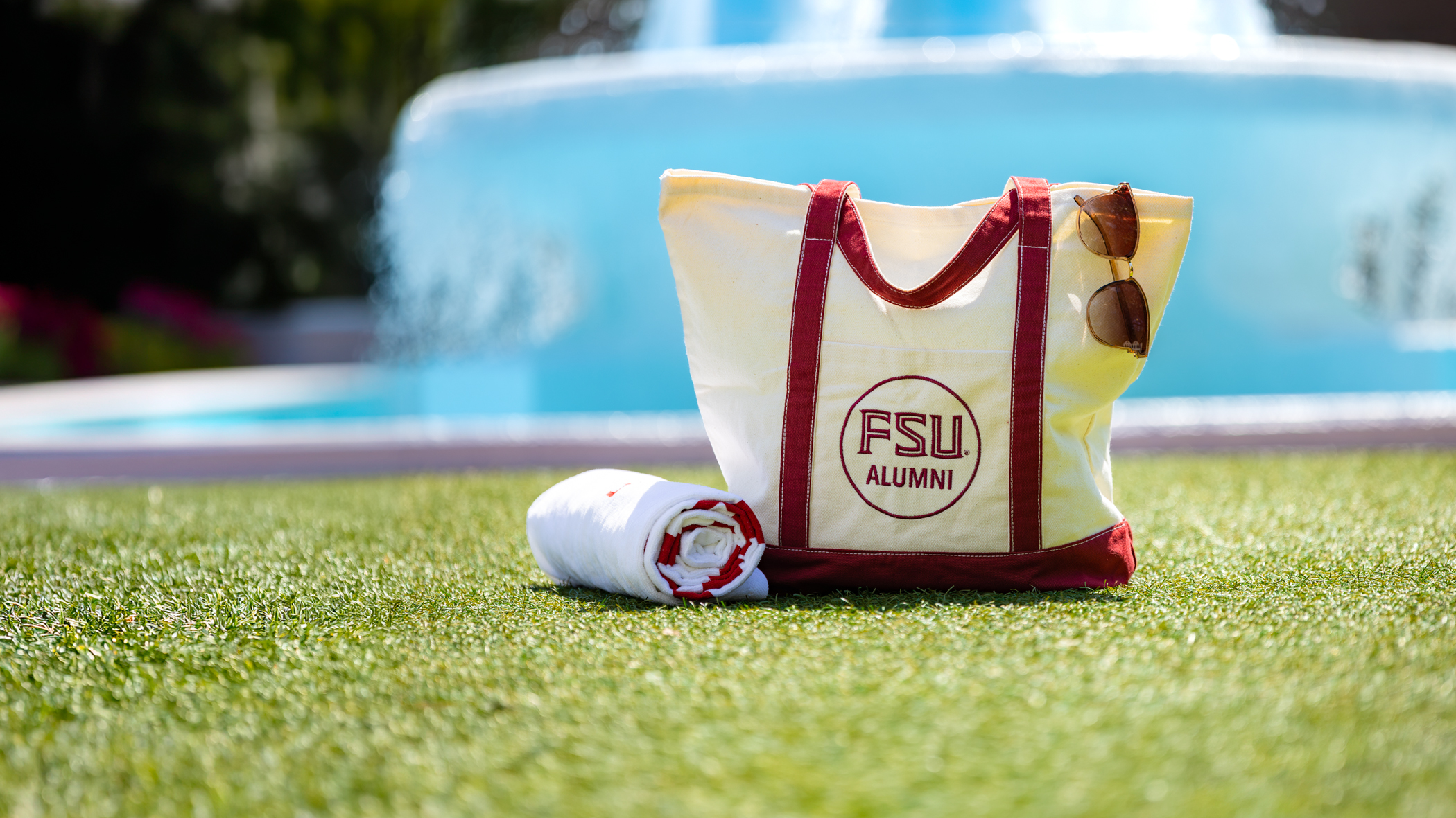 A photo of the Everything Tote on green grass in front of a fountain