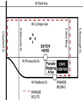 A black and white map with a red dotted line showing the parade route along W. Madison Street, S. MLK Boulevard, W. College Avenue, and Copeland Street